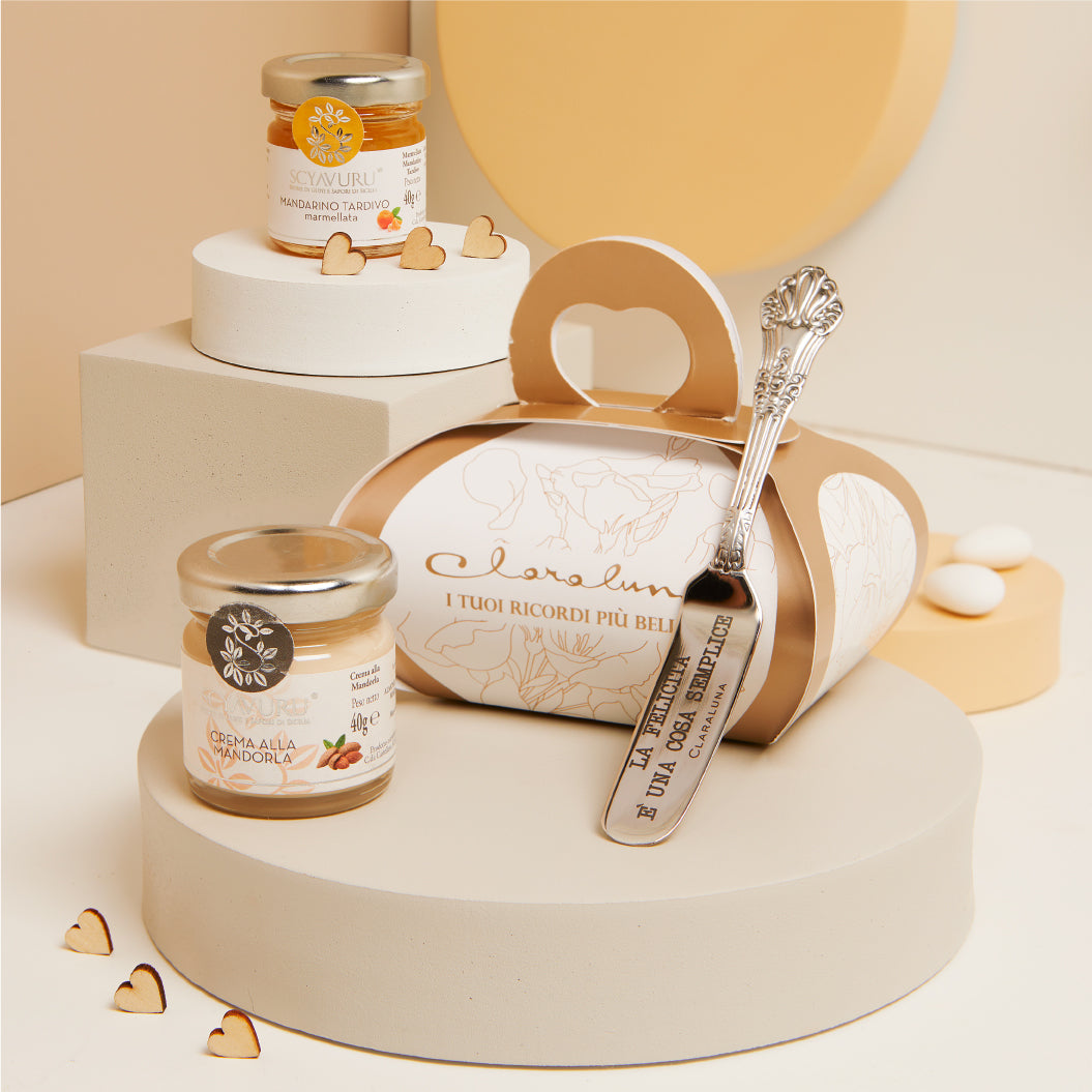 MARMELLATA MANDARINO 40G + CREMA MANDORLA 40G
CON COLTELLINO