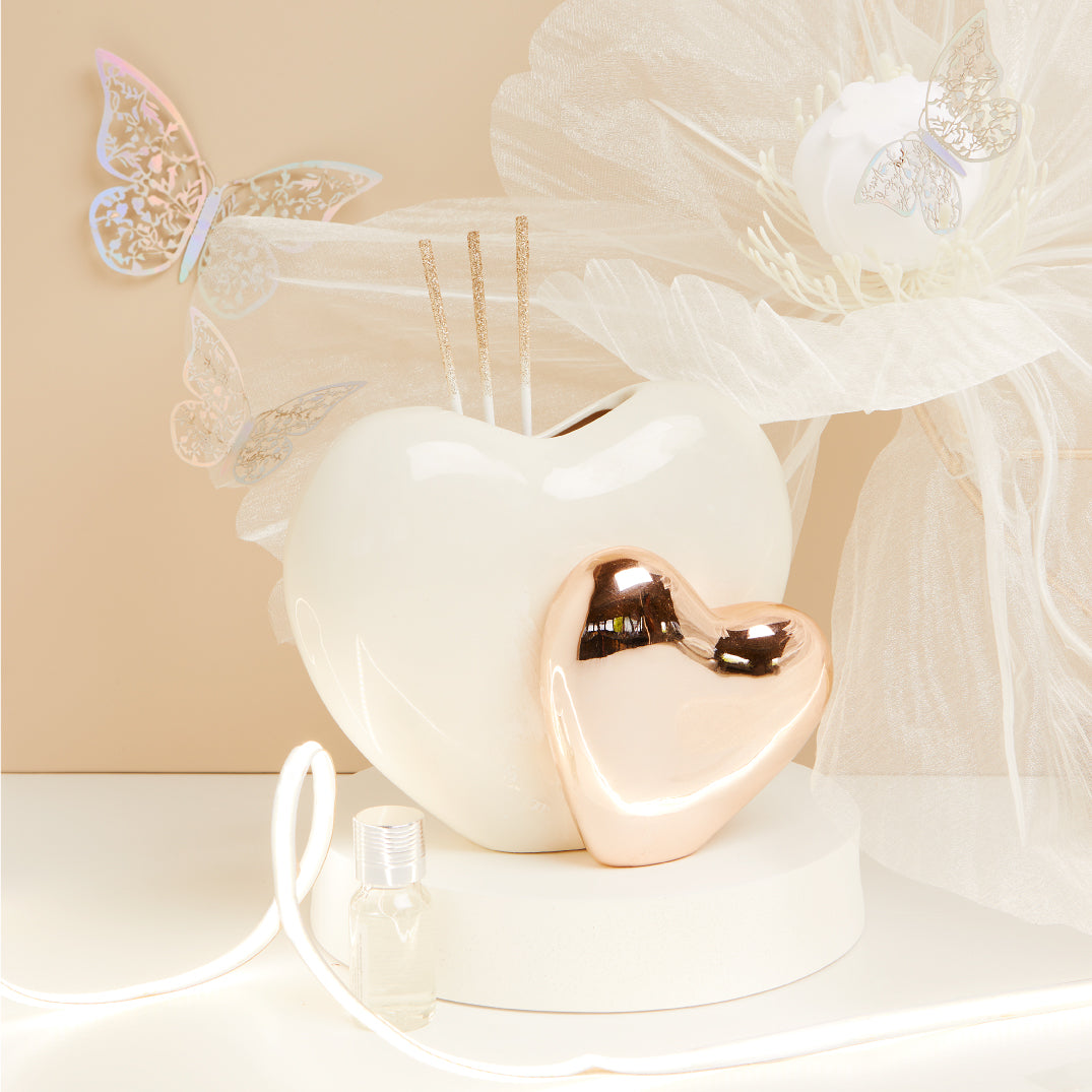 DIFFUSORE DOPPIO CUORE BIANCO E ORO ROSA SCATOLA REGALO 23X15X17.6 CM