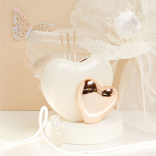 DIFFUSORE DOPPIO CUORE BIANCO E ORO ROSA SCATOLA REGALO 23X15X17.6 CM