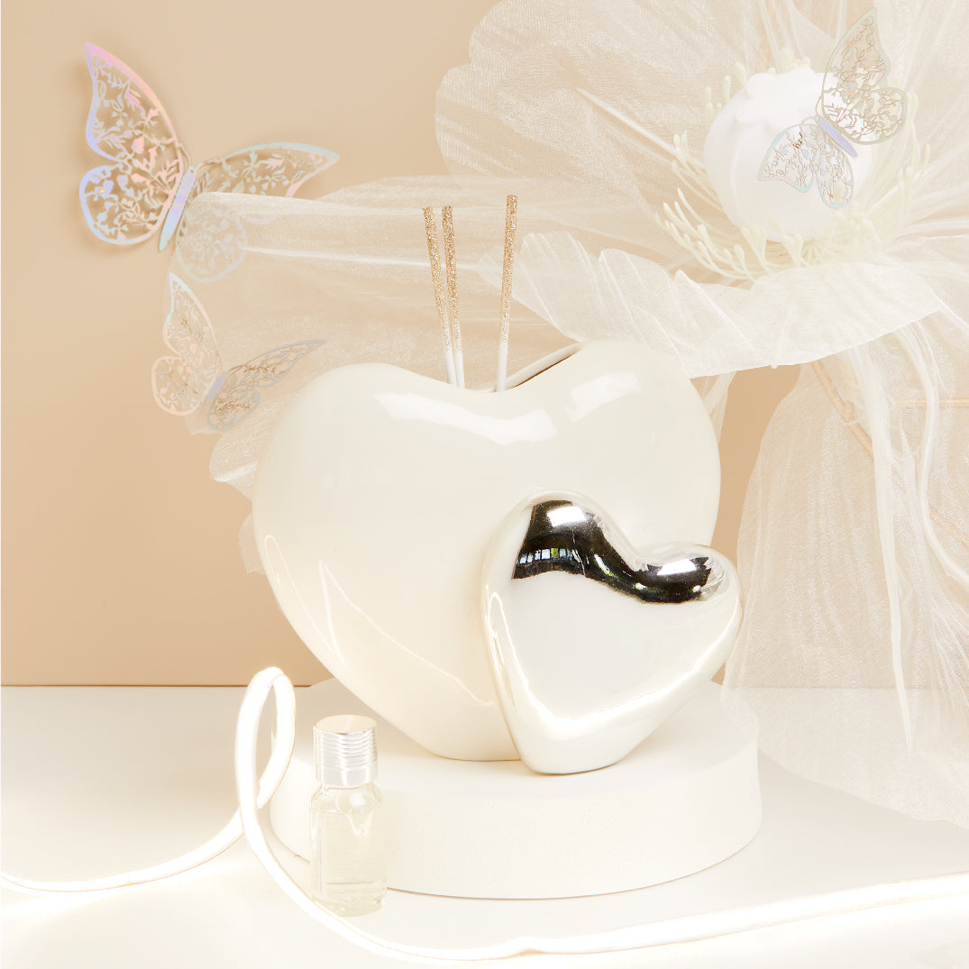 DIFFUSORE DOPPIO CUORE BIANCO E SILVER
SCATOLA REGALO