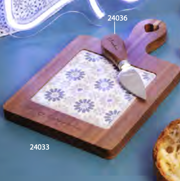 tagliere acacia fiori blu / tortora con coltellino