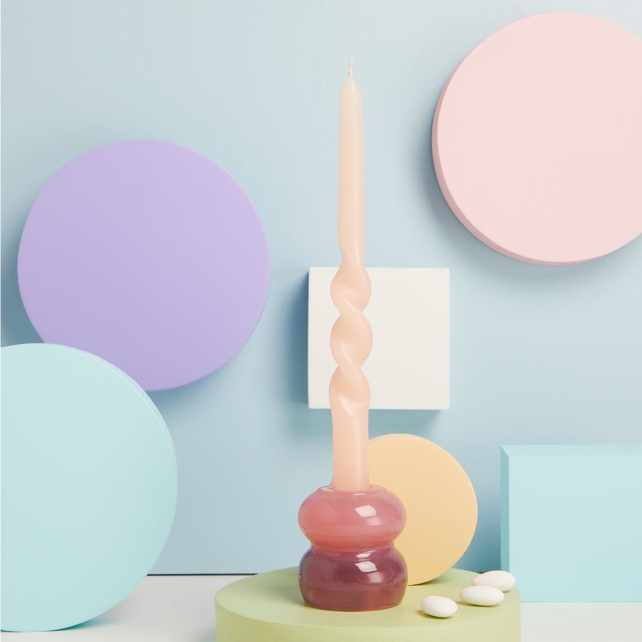 Candelabro piccolo rosa e viola con candela