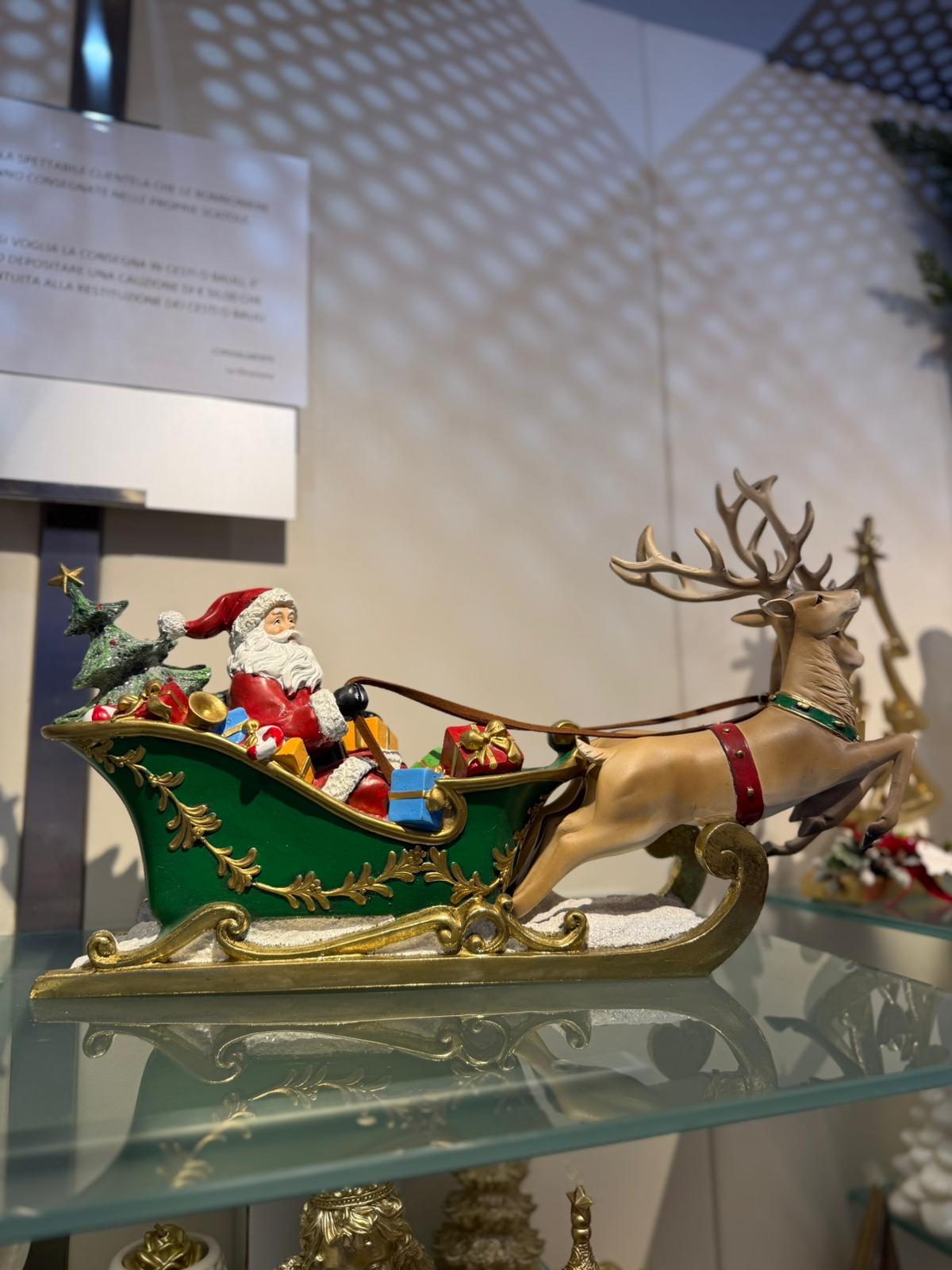 Slitta con Babbo Natale e renne in resina