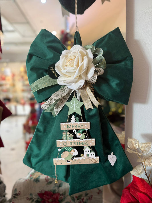 Fiocco verde in velluto con rosa