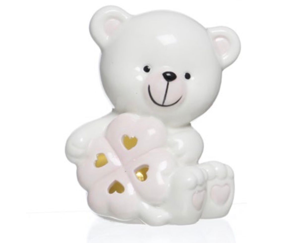 Orsetto in porcellana con quadrifoglio e luce led