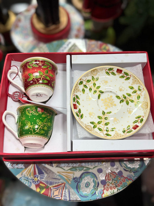 Set regalo 2 tazze tè in porcellana con piattino "Agrifoglio"