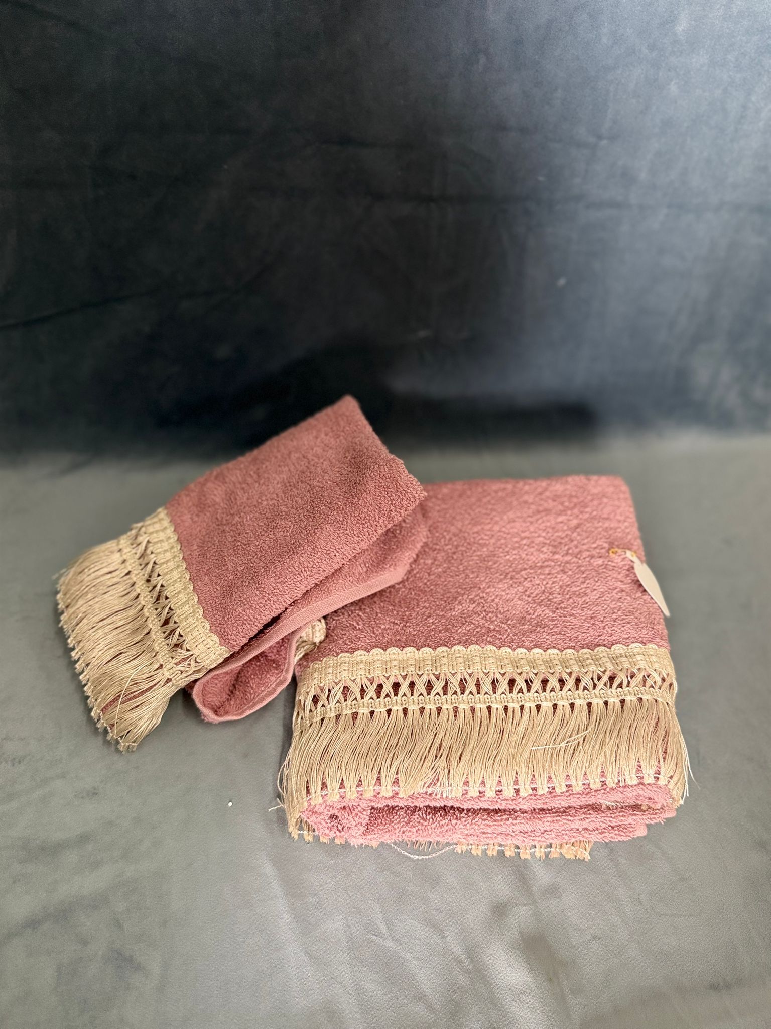 Set Asciugamani Rosa Antico Con Frangia