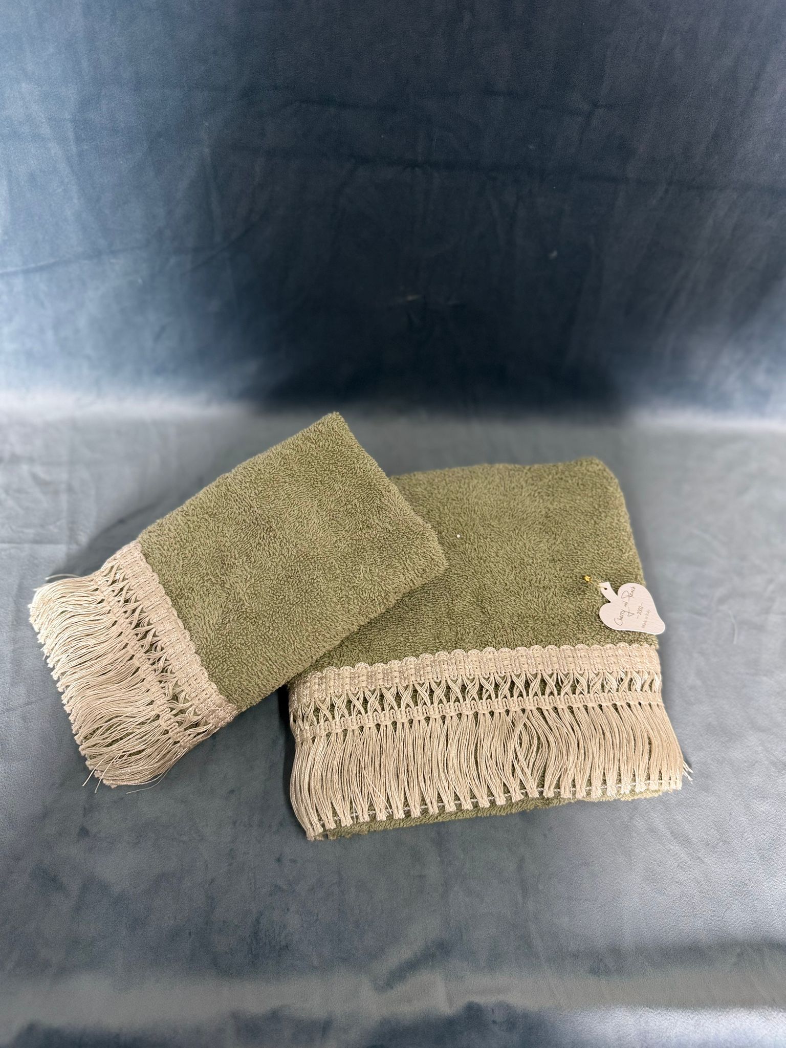 Set Asciugamani Verde Con Frangia