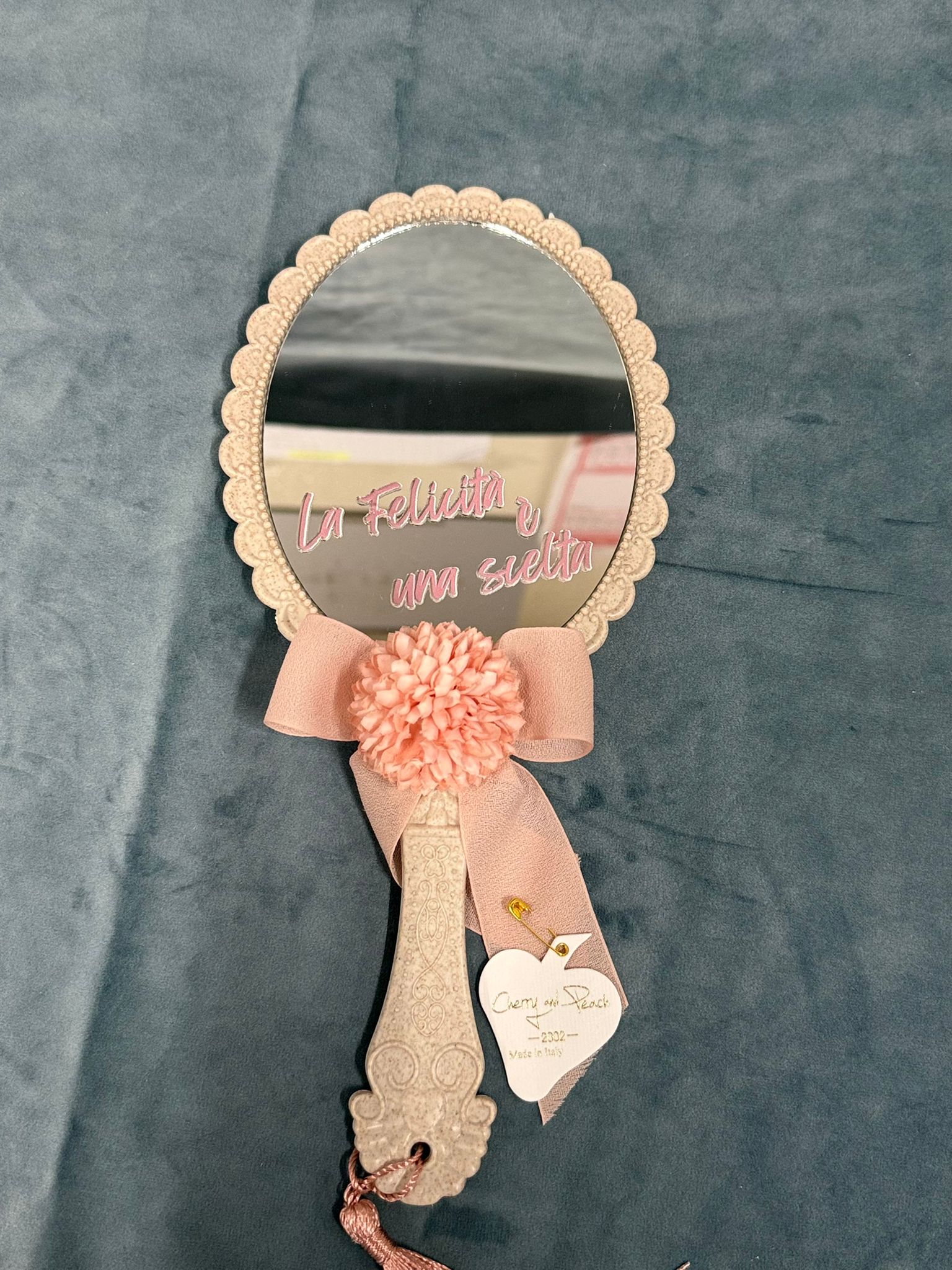 Specchio Con Nappina Rosa Con Frase