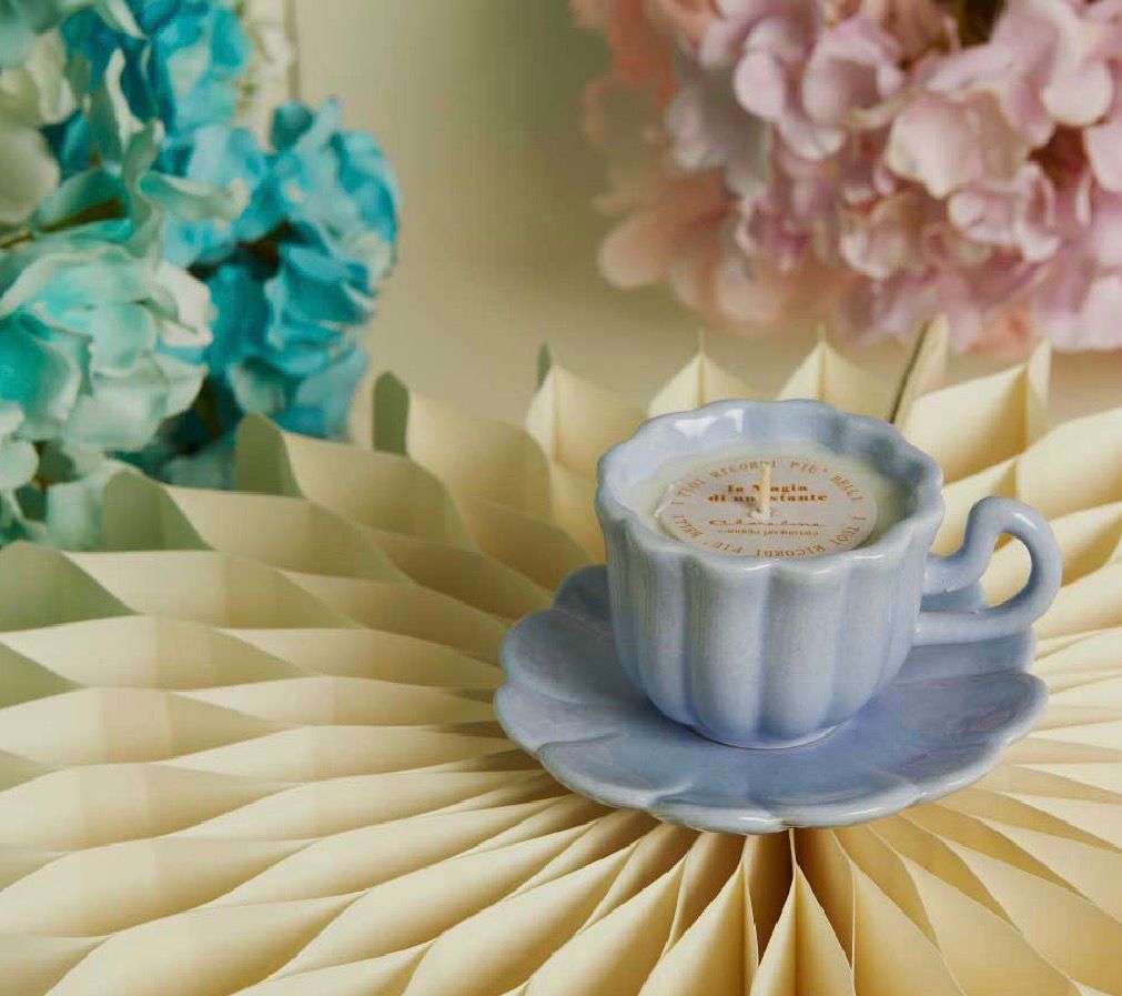 Candela In Tazza Con Piattino Azzurro