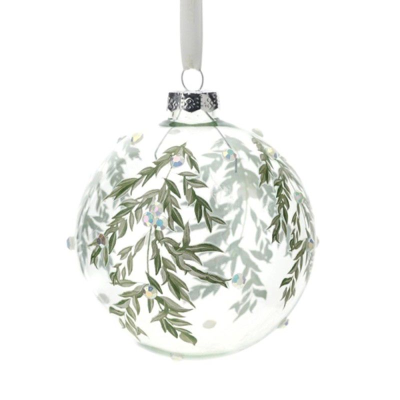 Sfera vetro soffiato trasparente con foglioline verdi