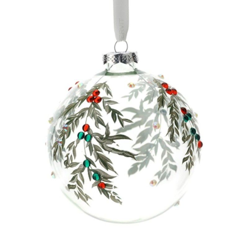 Sfera vetro soffiato trasparente con gemme e foglioline verdi