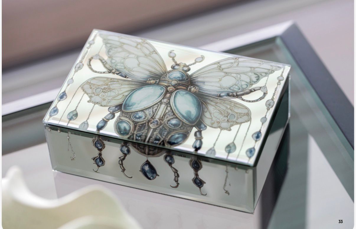 Cofanetto Portagioie In Legno Con Top In Vetro Base A Specchio E Interno In Velluto Nero