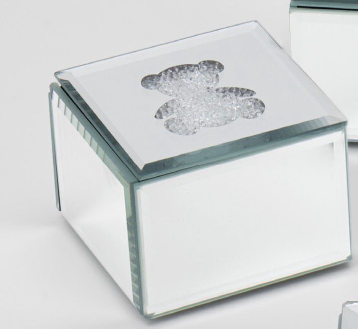 Cofanetto In Legno Orsetto Con Top In Vetro E Cristalli Base A Specchi E Interno In Velluto Nero