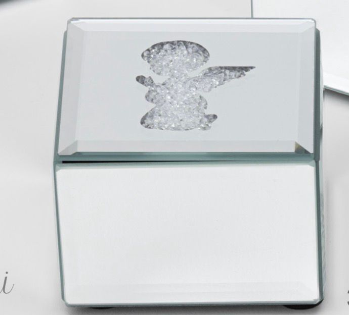 Cofanetto In Legno Angelo Con Top In Vetro E Cristalli Base A Specchio E Interno In Velluto Nero