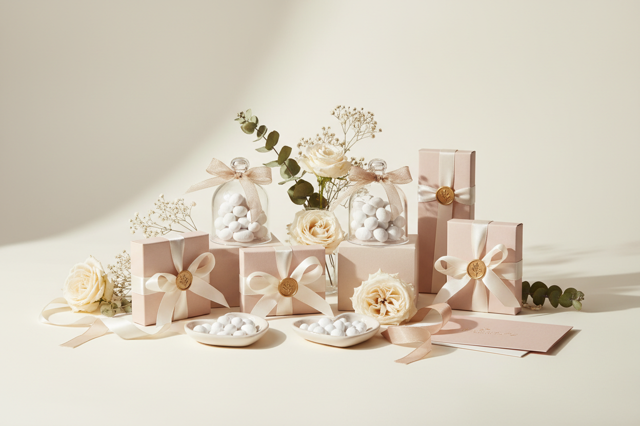 Elegant and chic newsletter section image for a luxury Italian bomboniera brand. Soft neutral tones (ivory, blush, champagne), refined floral details, delicate ribbons and handcrafted bomboniere displayed in a minimal composition. Bright natural light, clean background, sophisticated and timeless style. No text, no logos. Perfect for a newsletter signup box, high-end aesthetic, warm and welcoming mood.