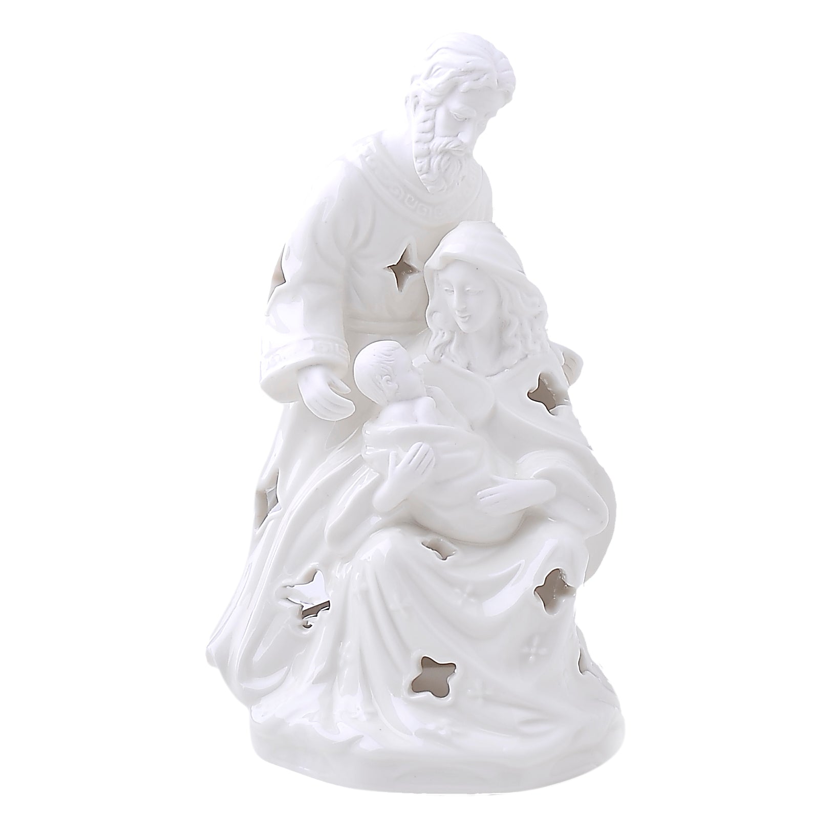 Sacra famiglia portatealite in porcellana bianca